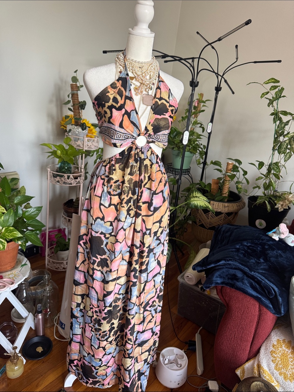Halter Geometric print Cutout Maxi Dress in Pastel Multicolor one size